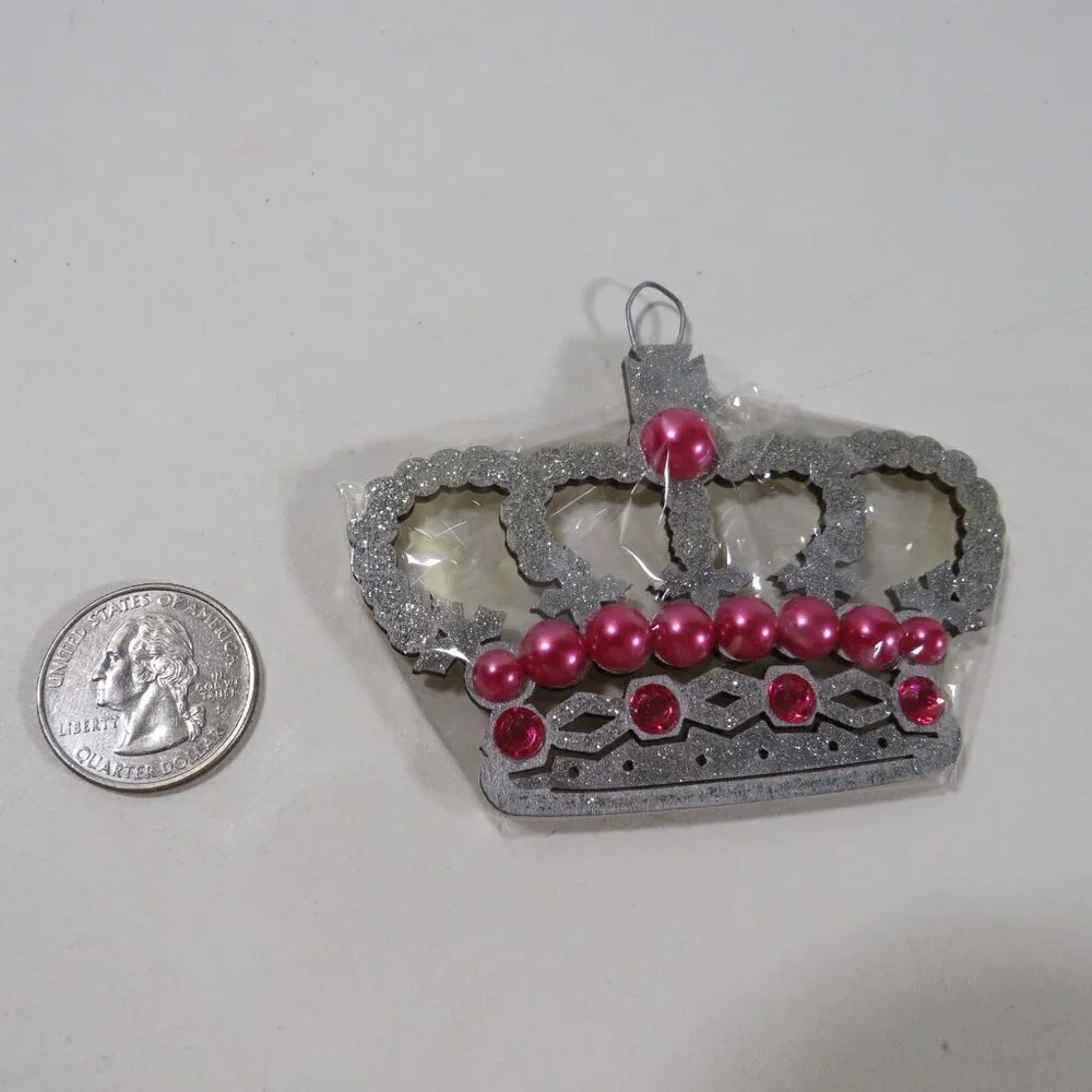 Silver Crown Pink Pearls Laser Cut Wooden Ornament Hangs King Queen